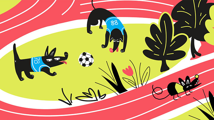 mural - psy grają w piłkę mysz biegnie po bieżni