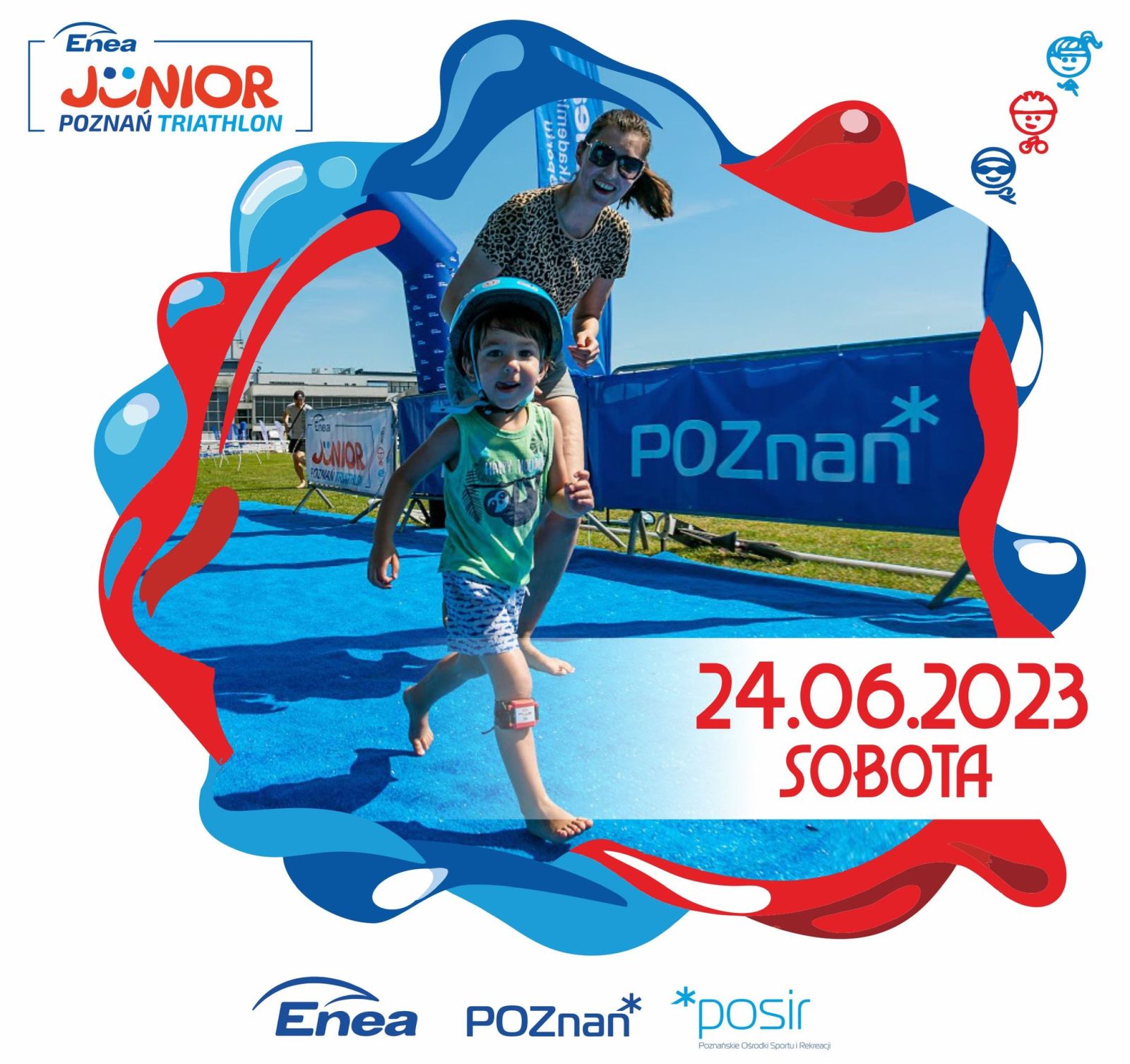 Enea Junior Triathlon - grafika z logotypem imprezy oraz datą 24.06.2023 i zdjęciem dziecka biegnącego razem z mamą