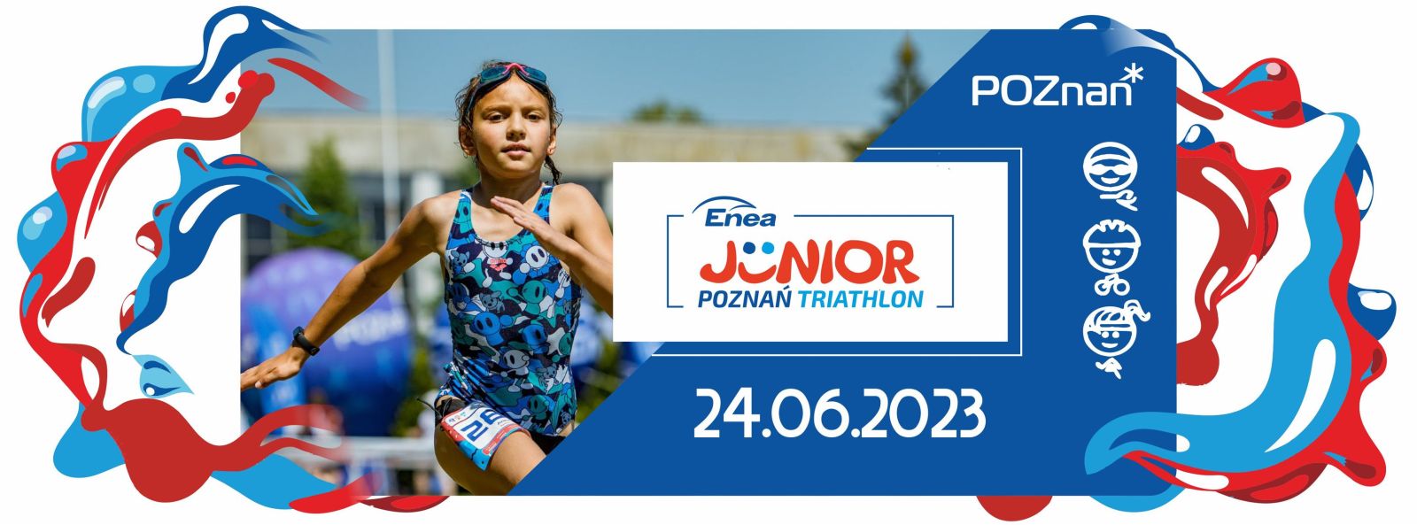 Enea Junior Triathlon - grafika z logotypem imprezy i zdjęciem biegnącej dziewczynki