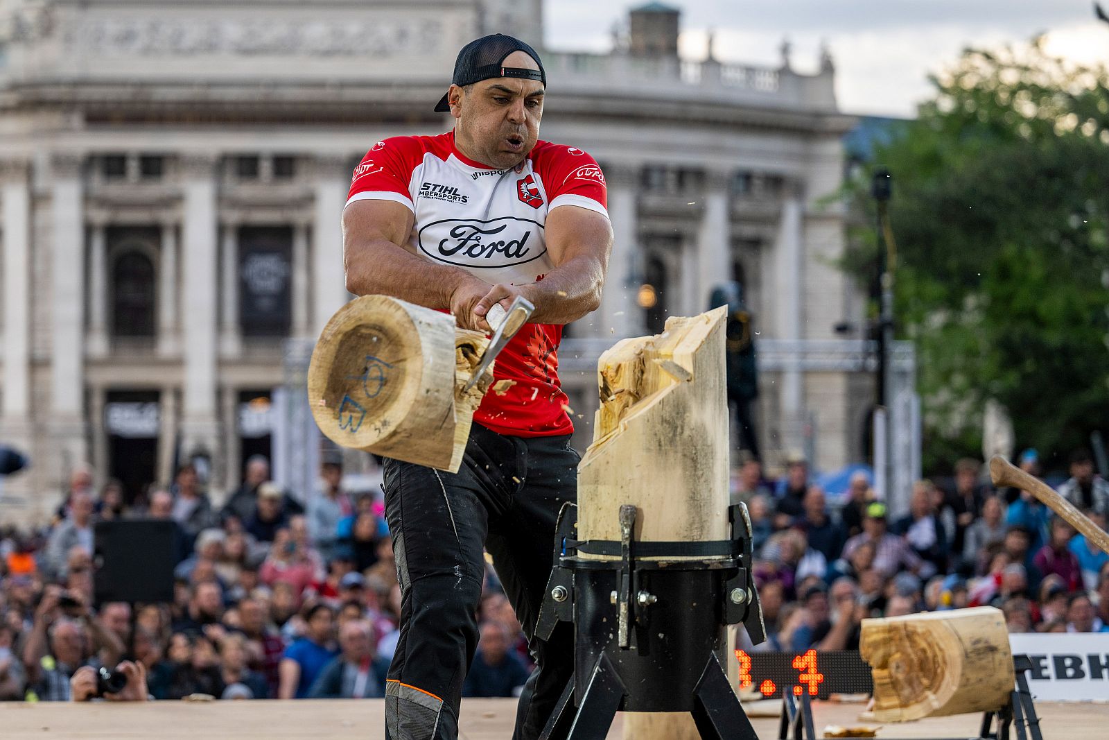 Michal Dubicki of Poland performs during the STIHL TIMBERSPORTS® World Trophy 2022 in Vienna, Austria on May 28, 2022.