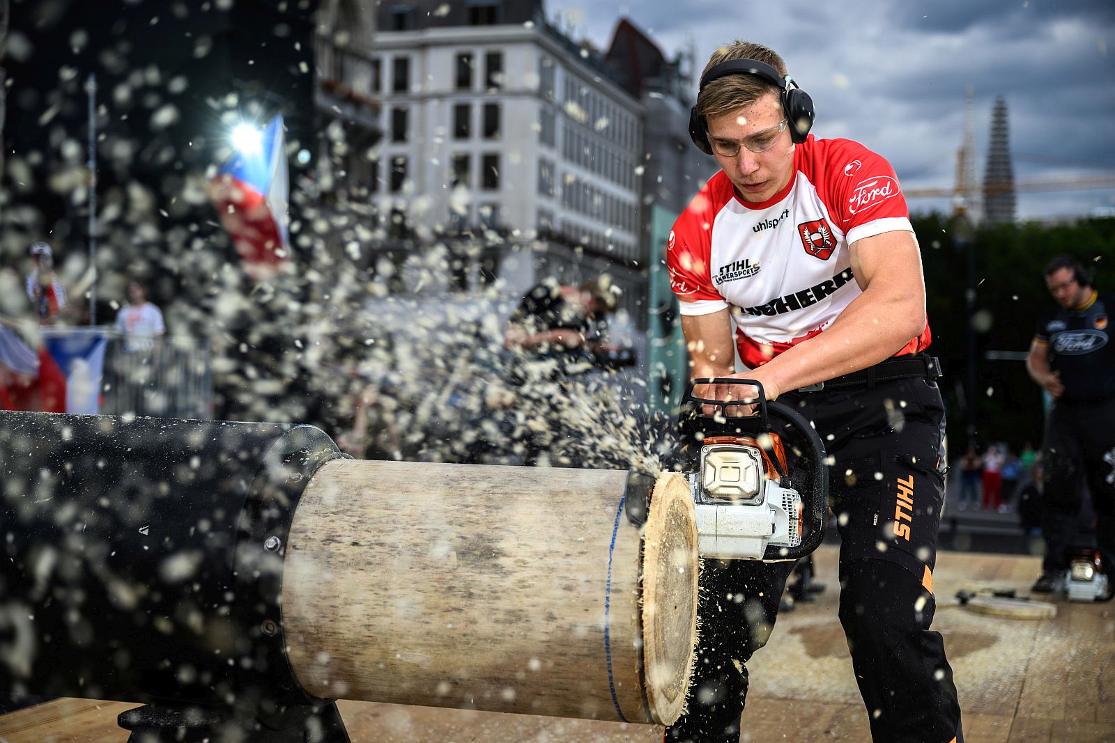 Szymon Groenwald of Poland performs during the STIHL TIMBERSPORTS® Rookie World Championship 2022 in Vienna, Austria on May 27, 2022.
