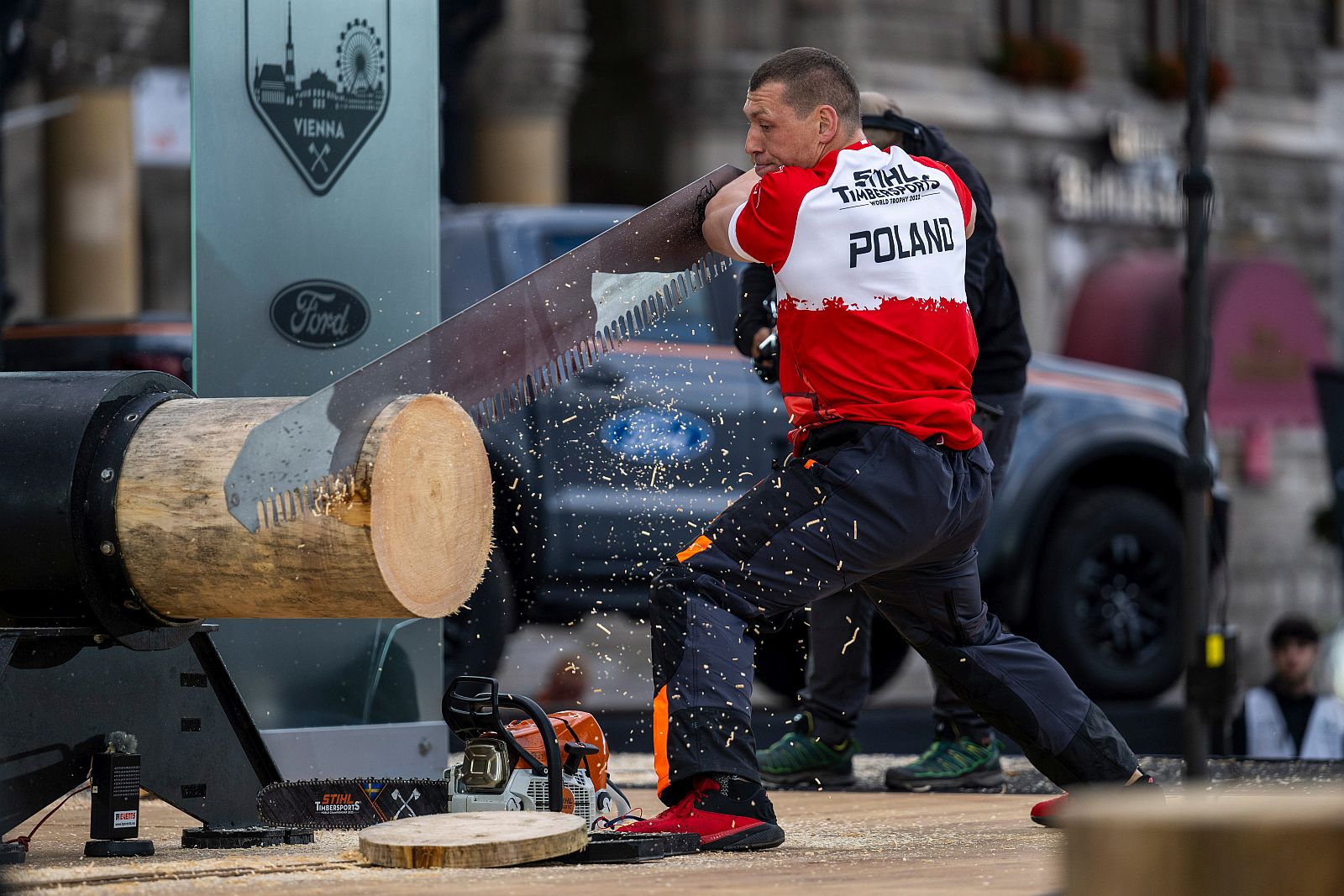 Marcin Darga of Poland performs during the STIHL TIMBERSPORTS® World Trophy 2022 in Vienna, Austria on May 28, 2022.