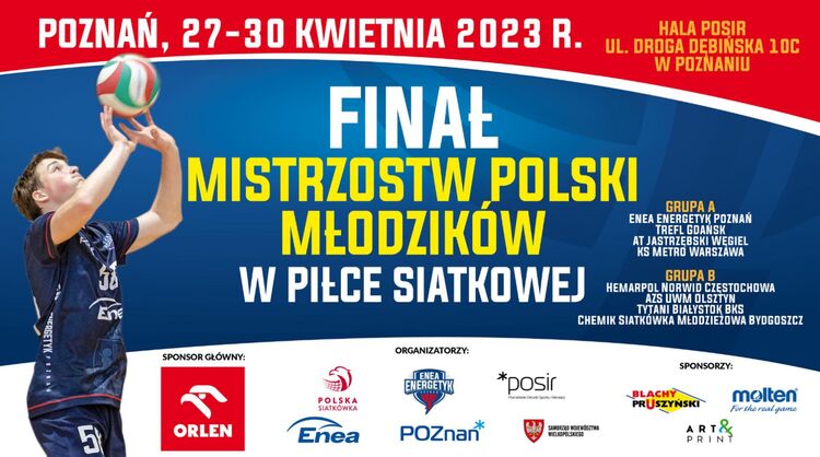 Plakat zapowiadający finał mistrzostw polski młodzików piłce siatkowej, przedstawiający nazwy drużyn, logotypy sponsorów oraz zdjęcie młodego siatkarza.