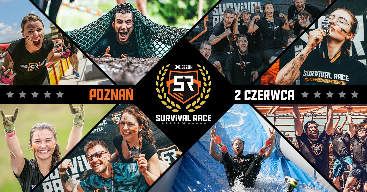 Plakat wydarzenia pod nazwą "SURVIVAL RACE" na którym znajduje się data i lokalizacja biegu. Grafika przedstawia uczestników poprzednich edycji biegu nad poznańską Maltą.
