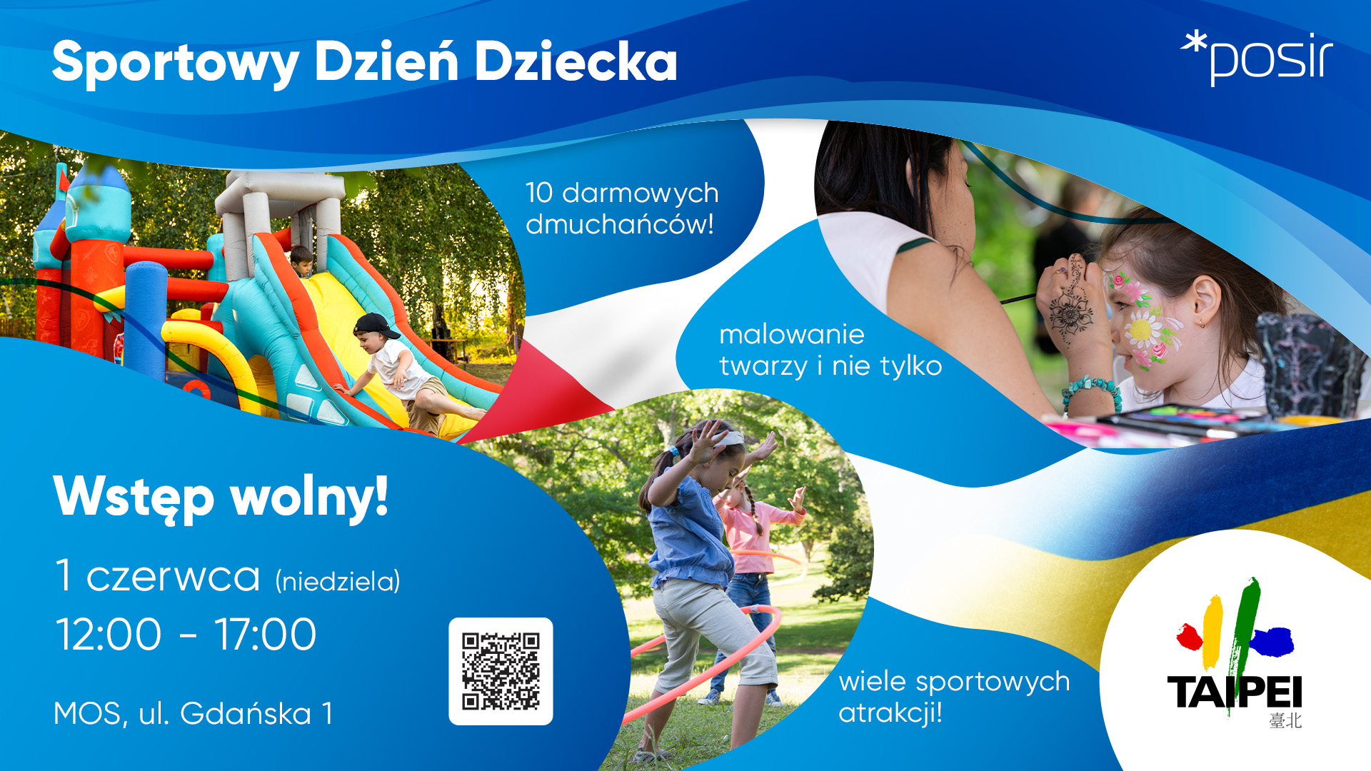 Baner reklamowy Dnia dziecka dzieci na dmuchanej zjeżdżalni dziecko z hula hop kobieta maluje buzię dziecku