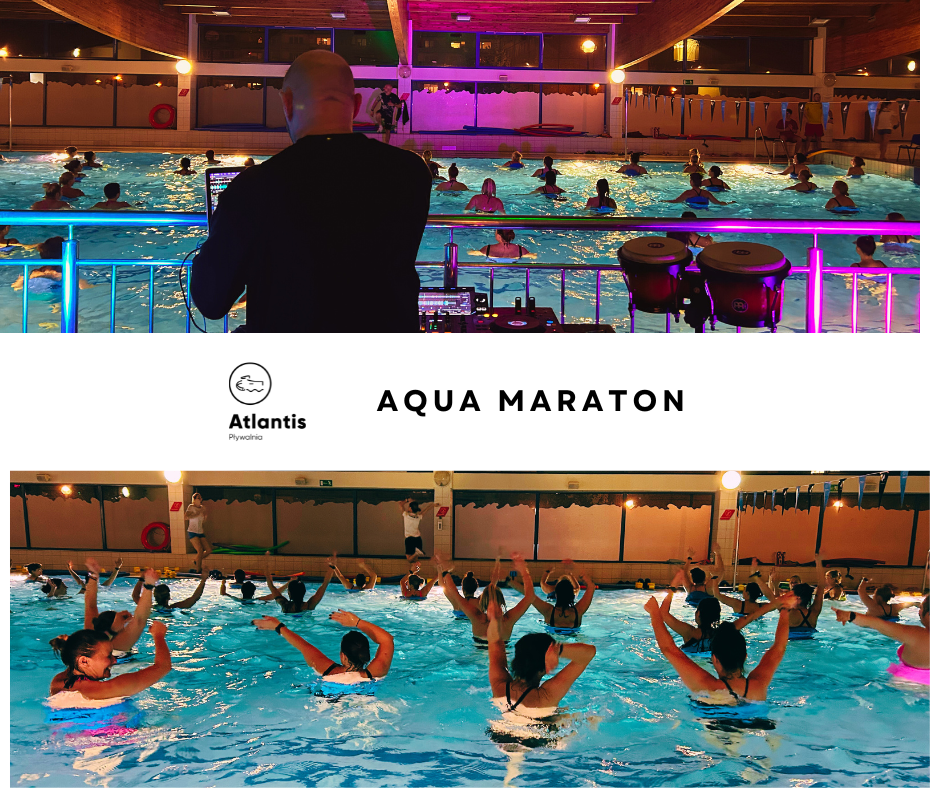 Grafika promująca Aqua Maraton, zawierająca zdjęcia z poprzedniej imprezy oraz logotyp Pływalni Miejskiej Atlantis.