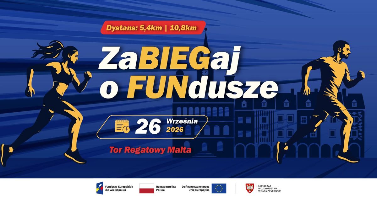 na zdjęcie widać 2 biegnące osoby, po środku napisane zabiegaj o fundusze oraz datę wydarzenia 26 września 2026 Tor Regatowy Malta, w tle kamieniczki starego miasta