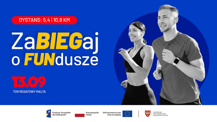 na zdjęciu widać parę, która biegnie na niebieskim oraz informacje o miejscu oraz dacie wydarzenia.