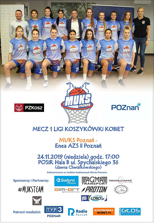 Derby Poznania w I lidze koszykówki kobiet (1) Plakat wydarzenia zdjęcie grupowe drużyny MUKS Poznań